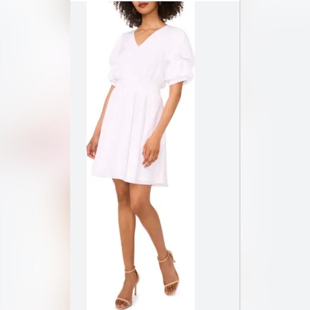 NWT Nordstrom 1. State White Puff Sleeve Smocked V Neck Dress Size Large